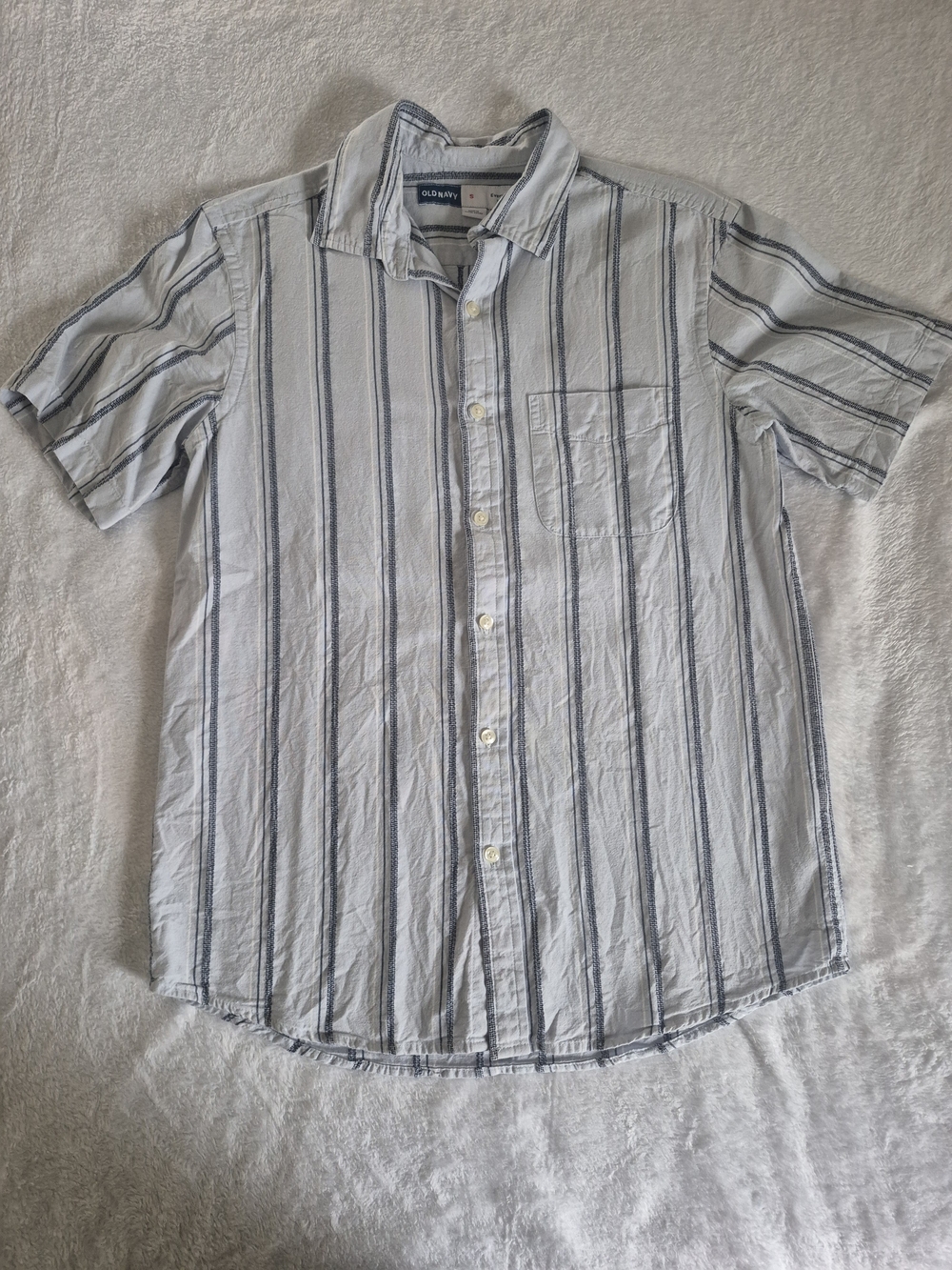 Old Navy Men's White Shirt with Blue Vertical Stripes